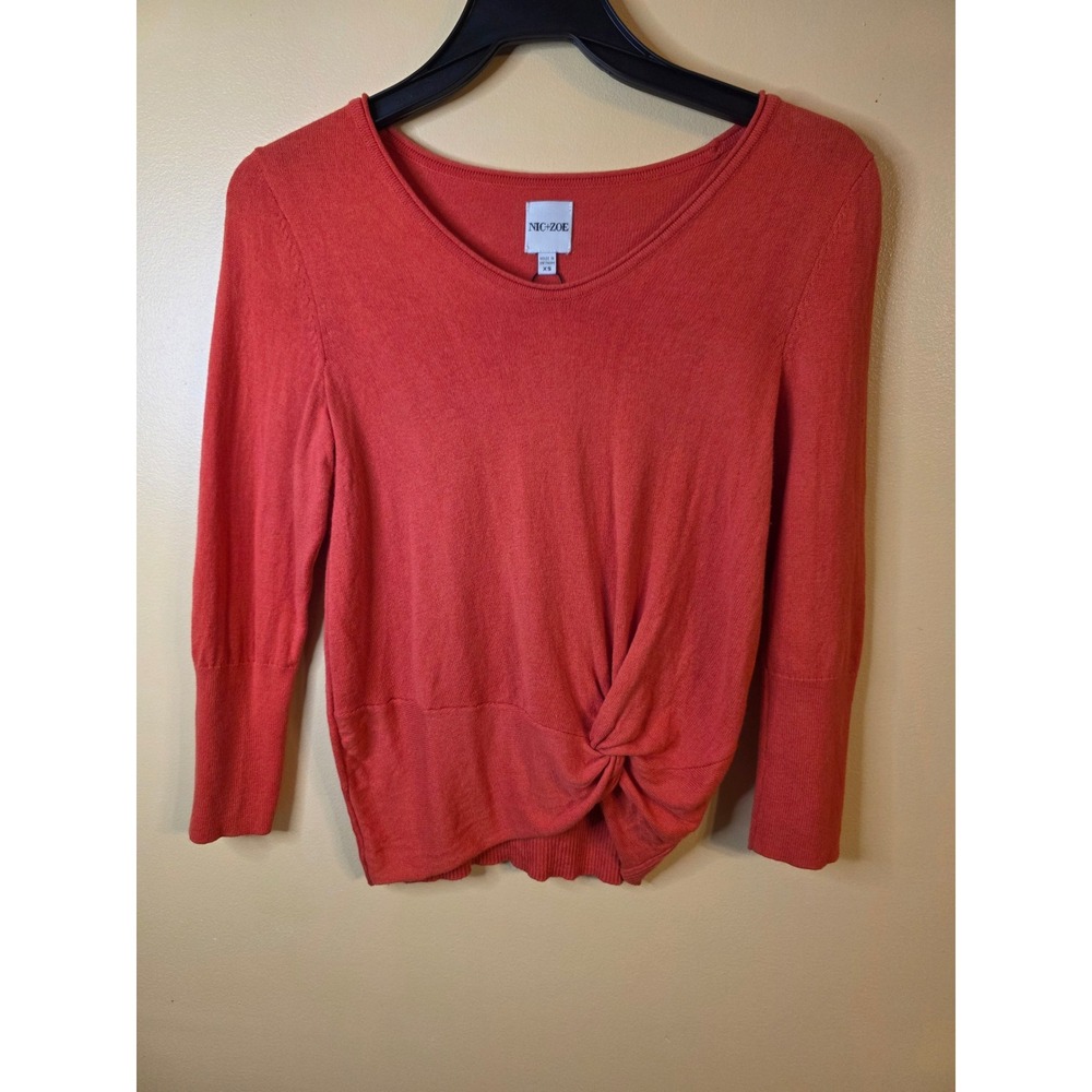 Nic+Zoe Womens Coral Orange Twist Front Long Sleeve Knit Sweater Size XS